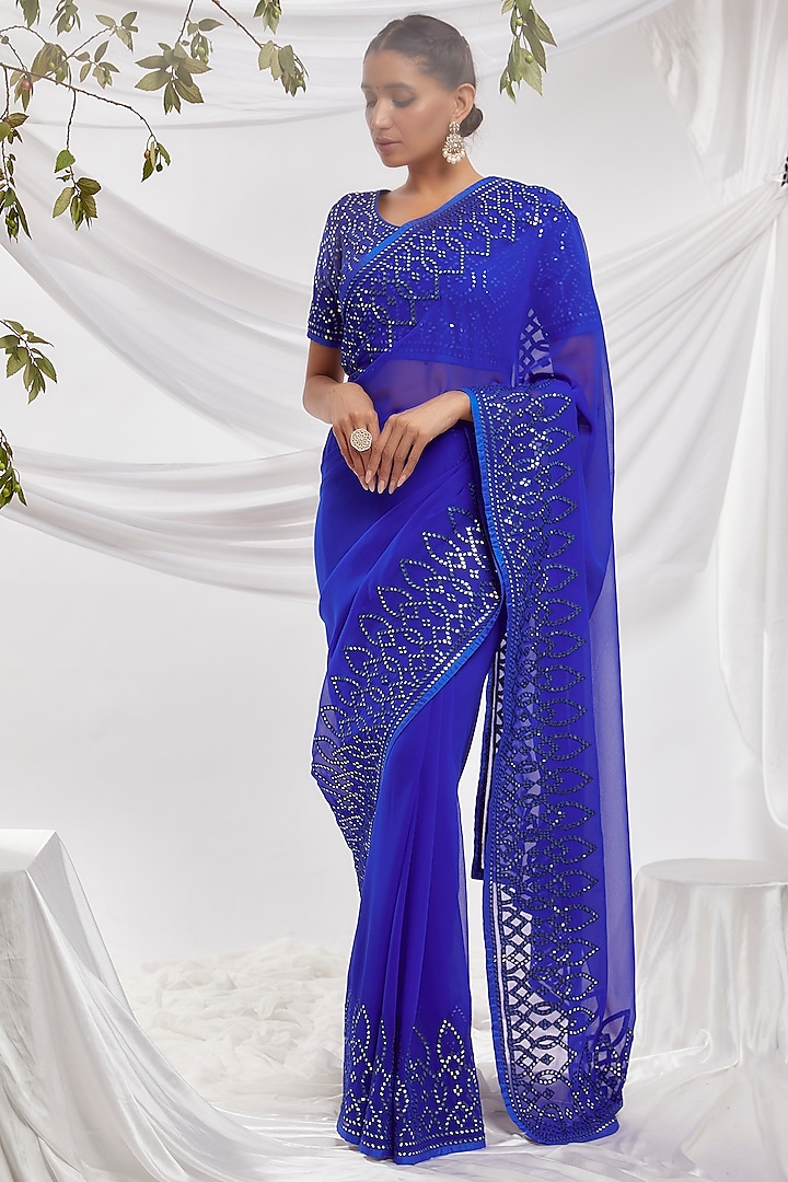 Royal Blue Blended Georgette Embroidered Saree Set by ASAL By Abu Sandeep at Pernia's Pop Up Shop