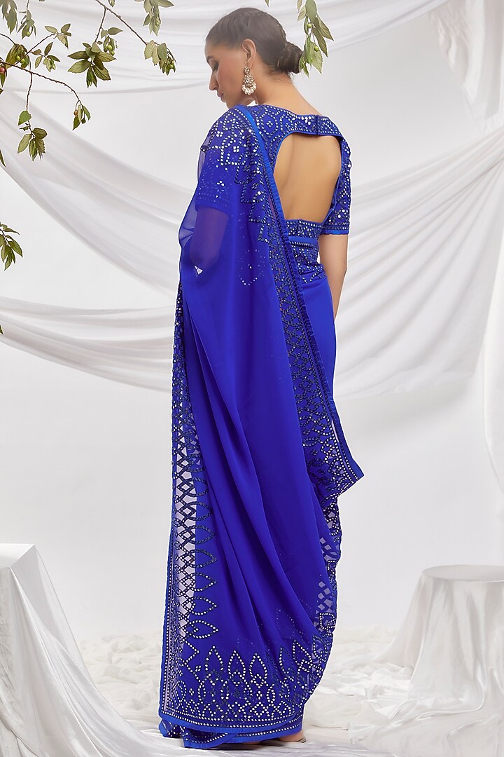 Royal Blue Blended Georgette Embroidered Bridal Saree Set by ASAL By Abu Sandeep at Pernia's Pop Up Shop