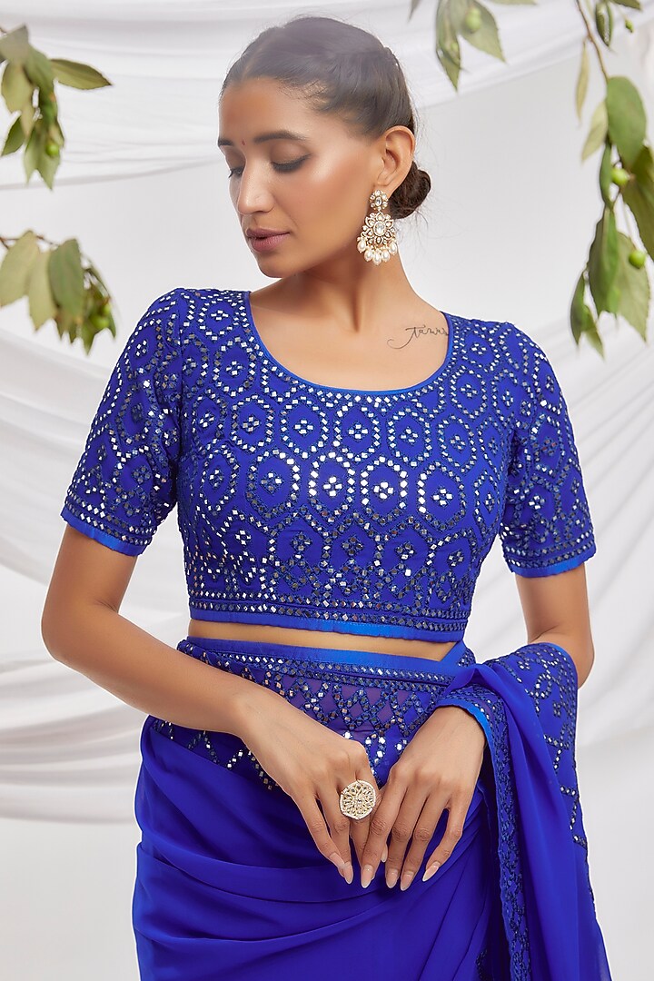 Royal Blue Blended Georgette Embroidered Bridal Saree Set by ASAL By Abu Sandeep at Pernia's Pop Up Shop