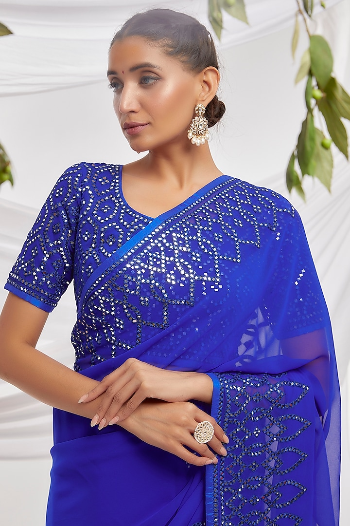 Royal Blue Blended Georgette Embroidered Bridal Saree Set by ASAL By Abu Sandeep at Pernia's Pop Up Shop