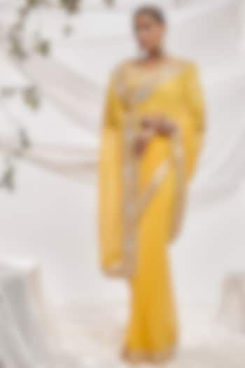 Yellow Blended Georgette Embroidered Saree Set by ASAL By Abu Sandeep