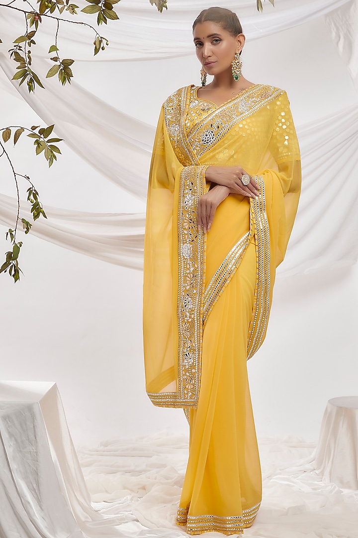 Yellow Blended Georgette Embroidered Saree Set by ASAL By Abu Sandeep