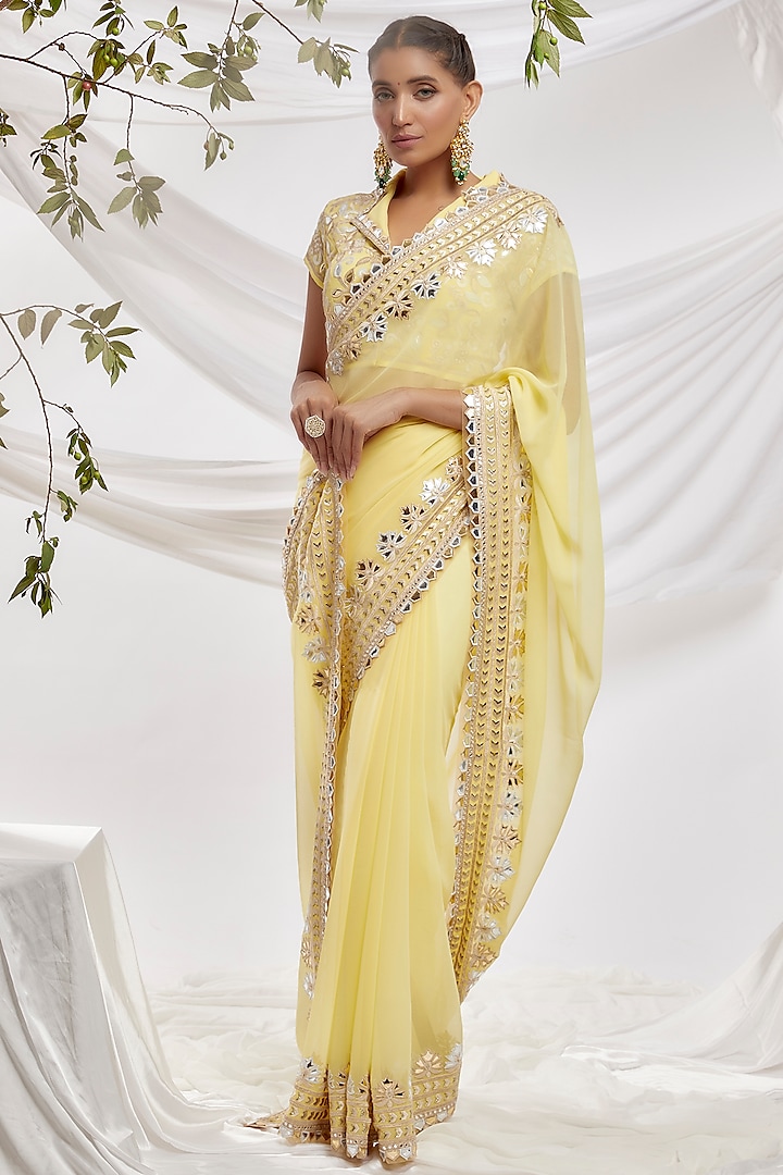 Yellow Blended Georgette Embroidered Saree Set by ASAL By Abu Sandeep at Pernia's Pop Up Shop