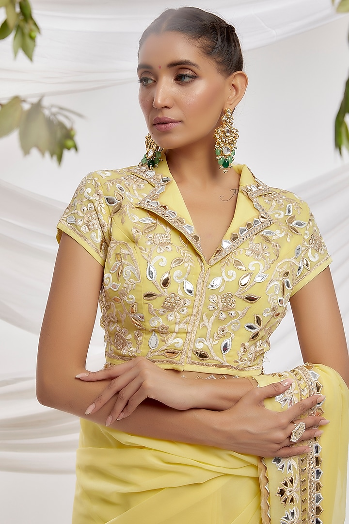 Yellow Blended Georgette Embroidered Reception Saree Set by ASAL By Abu Sandeep at Pernia's Pop Up Shop
