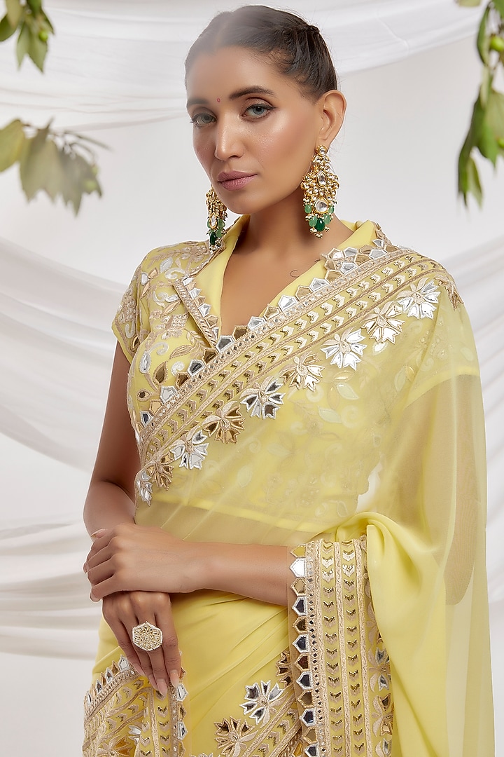 Yellow Blended Georgette Embroidered Reception Saree Set by ASAL By Abu Sandeep at Pernia's Pop Up Shop
