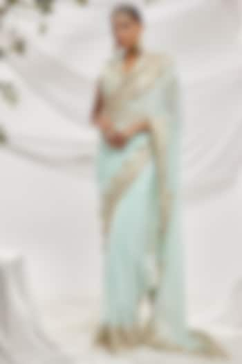 Blue Blended Georgette Embroidered Saree Set by ASAL By Abu Sandeep at Pernia's Pop Up Shop