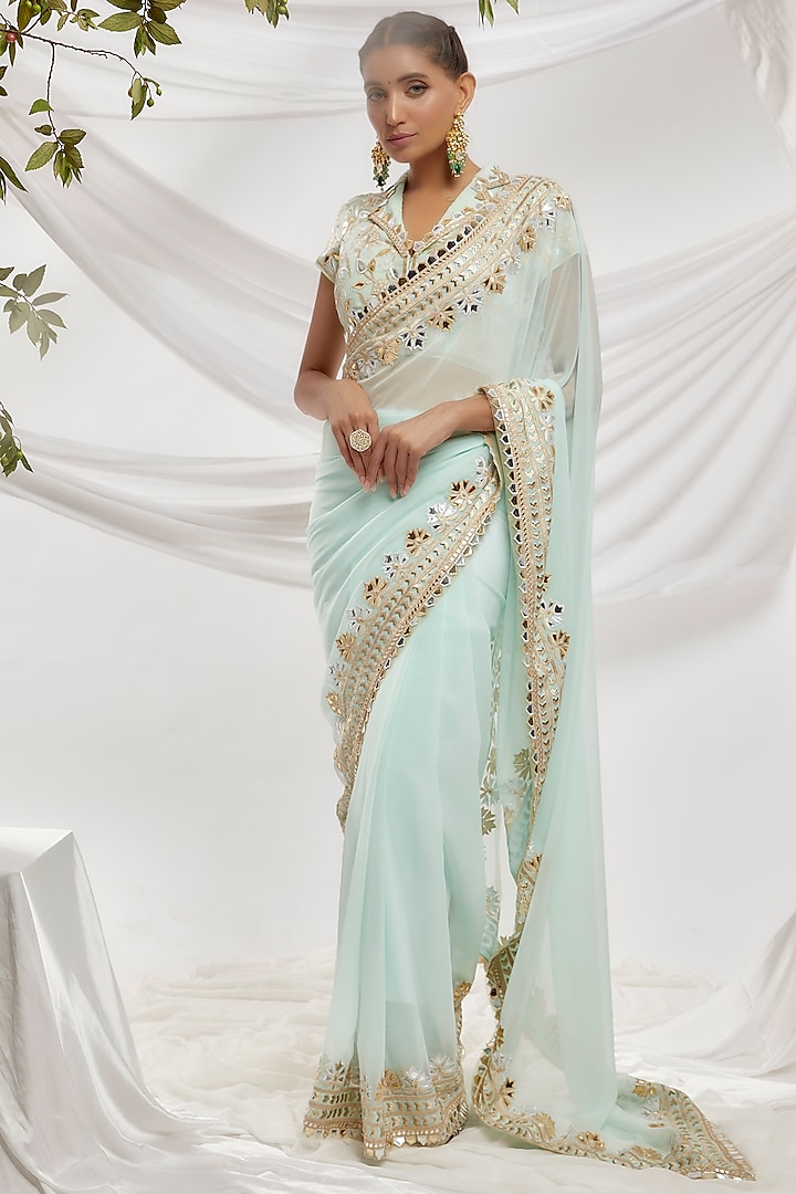 Blue Blended Georgette Embroidered Saree Set by ASAL By Abu Sandeep at Pernia's Pop Up Shop