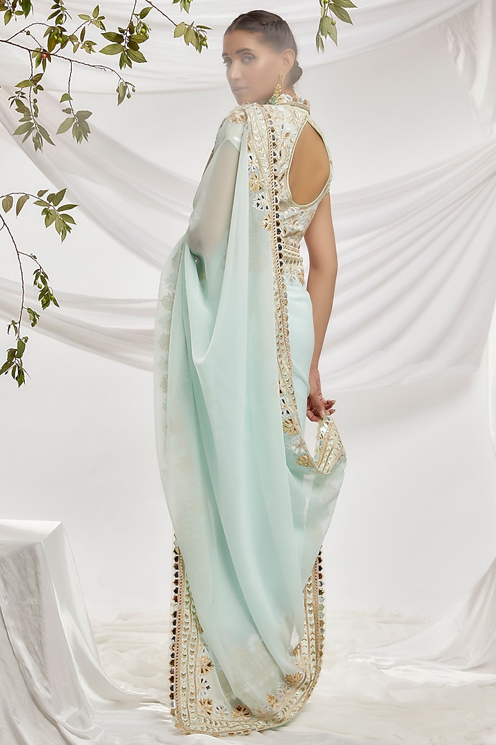 Blue Blended Georgette Embroidered Reception Saree Set by ASAL By Abu Sandeep at Pernia's Pop Up Shop