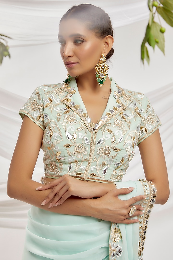 Blue Blended Georgette Embroidered Reception Saree Set by ASAL By Abu Sandeep at Pernia's Pop Up Shop