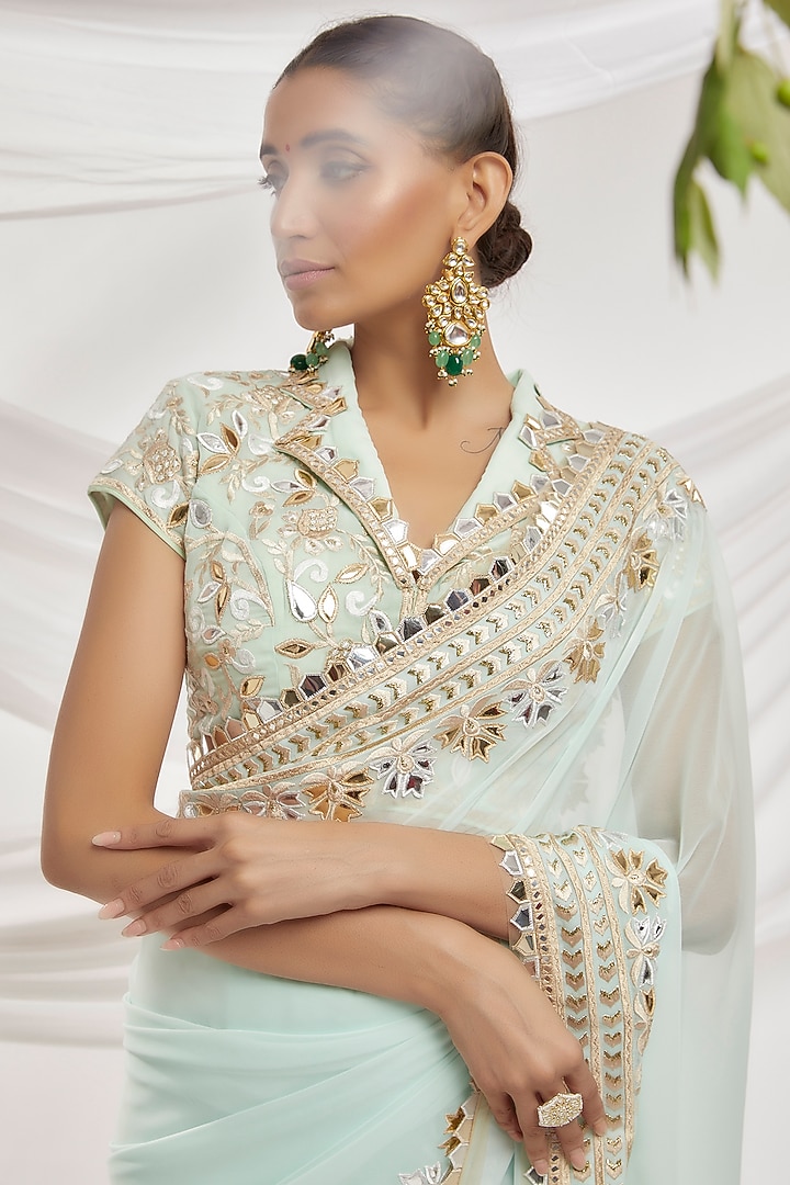 Blue Blended Georgette Embroidered Reception Saree Set by ASAL By Abu Sandeep at Pernia's Pop Up Shop