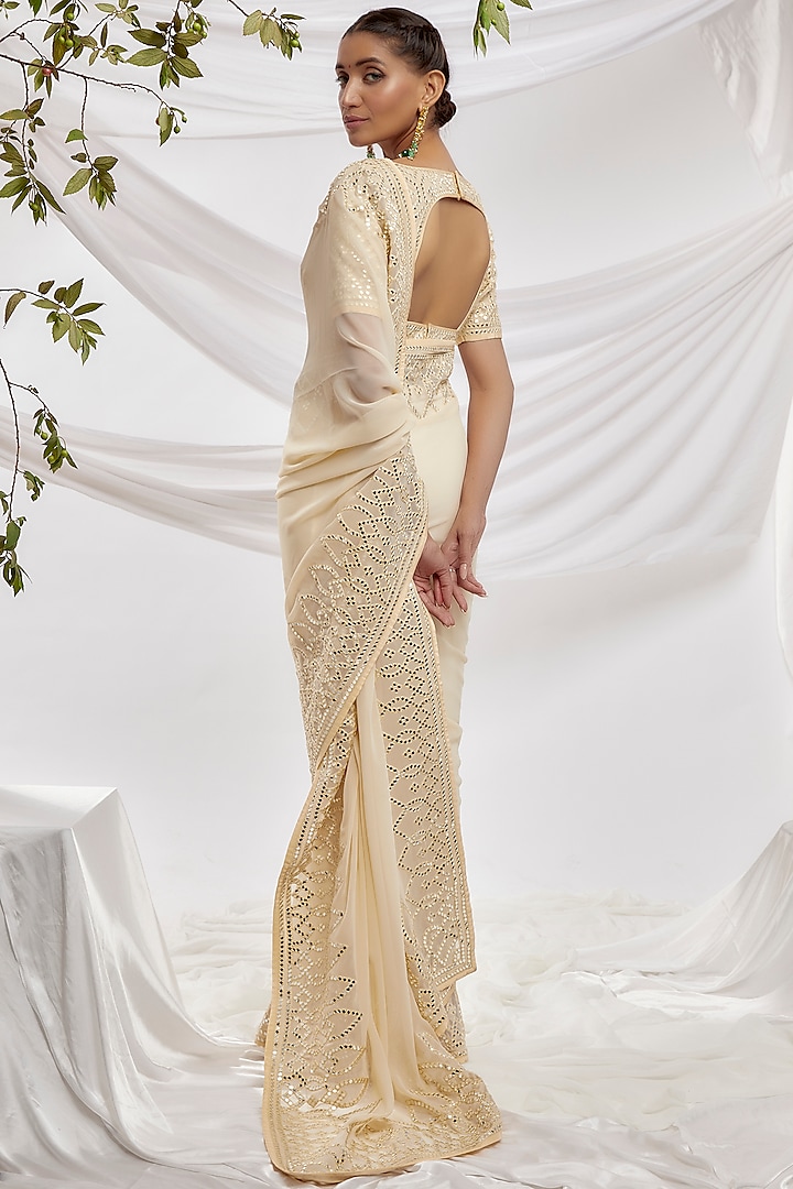 Beige Blended Georgette Embroidered Bridal Saree Set by ASAL By Abu Sandeep at Pernia's Pop Up Shop