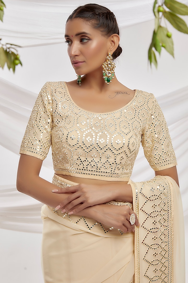 Beige Blended Georgette Embroidered Bridal Saree Set by ASAL By Abu Sandeep at Pernia's Pop Up Shop