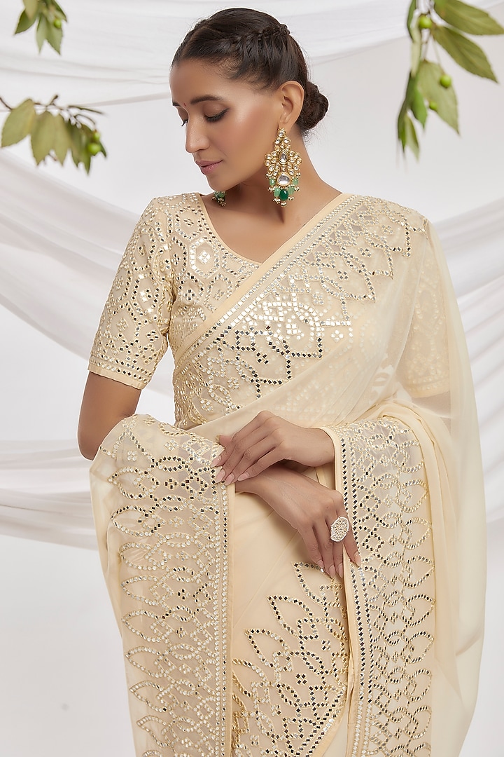 Beige Blended Georgette Embroidered Bridal Saree Set by ASAL By Abu Sandeep at Pernia's Pop Up Shop