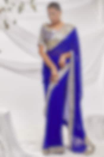 Royal Blue Blended Georgette Embroidered Saree Set by ASAL By Abu Sandeep