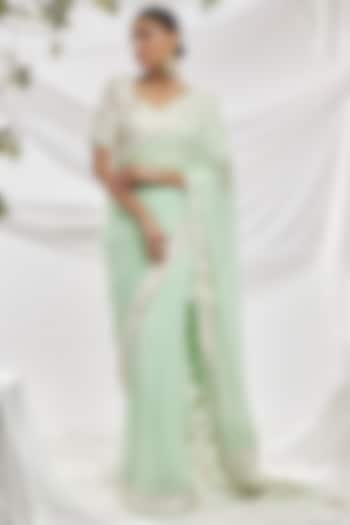 Mint Blended Georgette Embroidered Saree Set by ASAL By Abu Sandeep at Pernia's Pop Up Shop