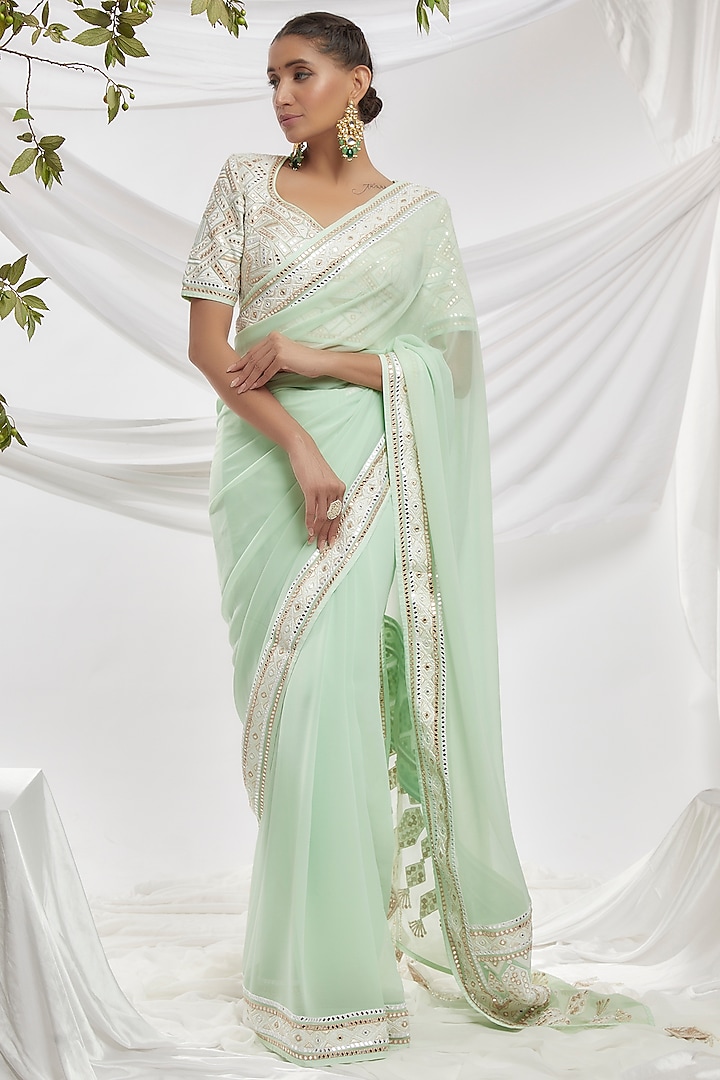 Mint Blended Georgette Embroidered Saree Set by ASAL By Abu Sandeep at Pernia's Pop Up Shop