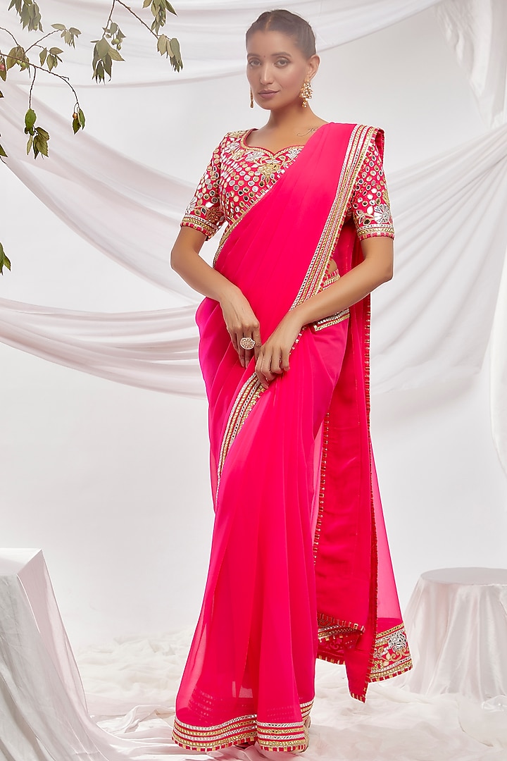 Point Embroidery Design Georgette Pink Color Saree