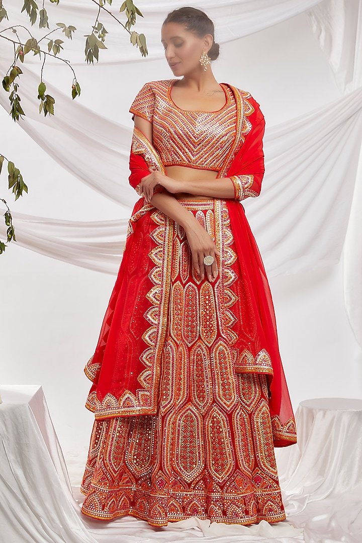 Red Blended Georgette Embroidered Lehenga Set by ASAL By Abu Sandeep