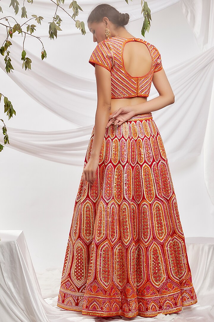 Red Blended Georgette Embroidered Bridal Lehenga Set by ASAL By Abu Sandeep at Pernia's Pop Up Shop