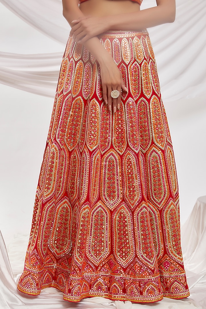 Red Blended Georgette Embroidered Bridal Lehenga Set by ASAL By Abu Sandeep at Pernia's Pop Up Shop