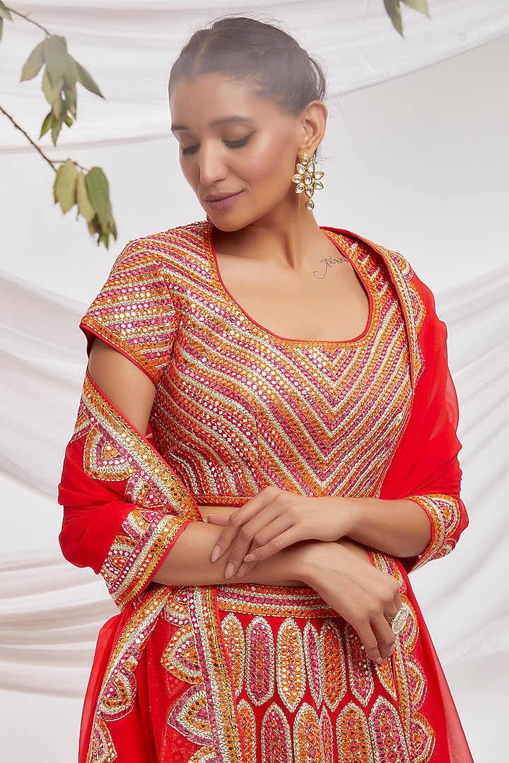 Red Blended Georgette Embroidered Bridal Lehenga Set by ASAL By Abu Sandeep at Pernia's Pop Up Shop