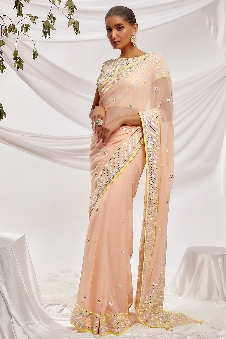 Peach Blended Georgette Embroidered Saree Set by ASAL By Abu Sandeep at Pernia's Pop Up Shop