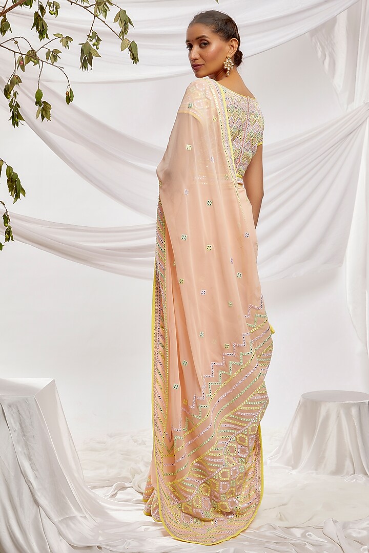 Peach Blended Georgette Embroidered Reception Saree Set by ASAL By Abu Sandeep at Pernia's Pop Up Shop