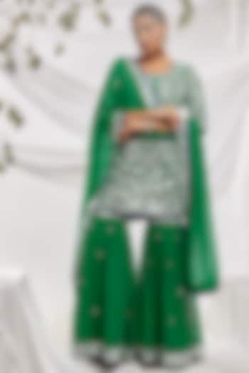 Green Blended Georgette Embroidered Gharara Set by ASAL By Abu Sandeep
