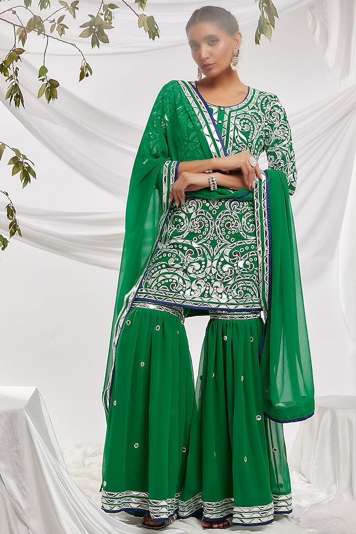 Green Blended Georgette Embroidered Gharara Set by ASAL By Abu Sandeep