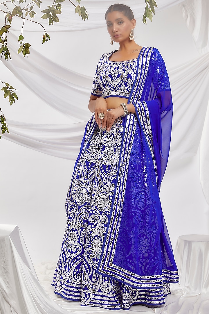 Blue Blended Georgette Embroidered Lehenga Set by ASAL By Abu Sandeep