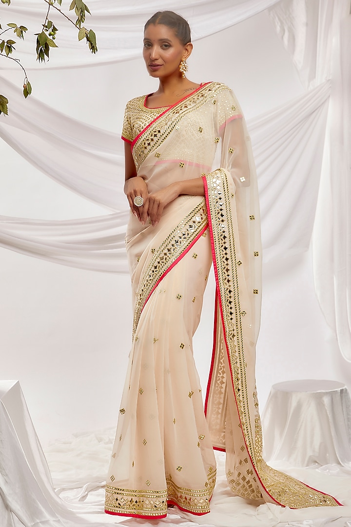 White Blended Georgette Embroidered Saree Set by ASAL By Abu Sandeep at Pernia's Pop Up Shop