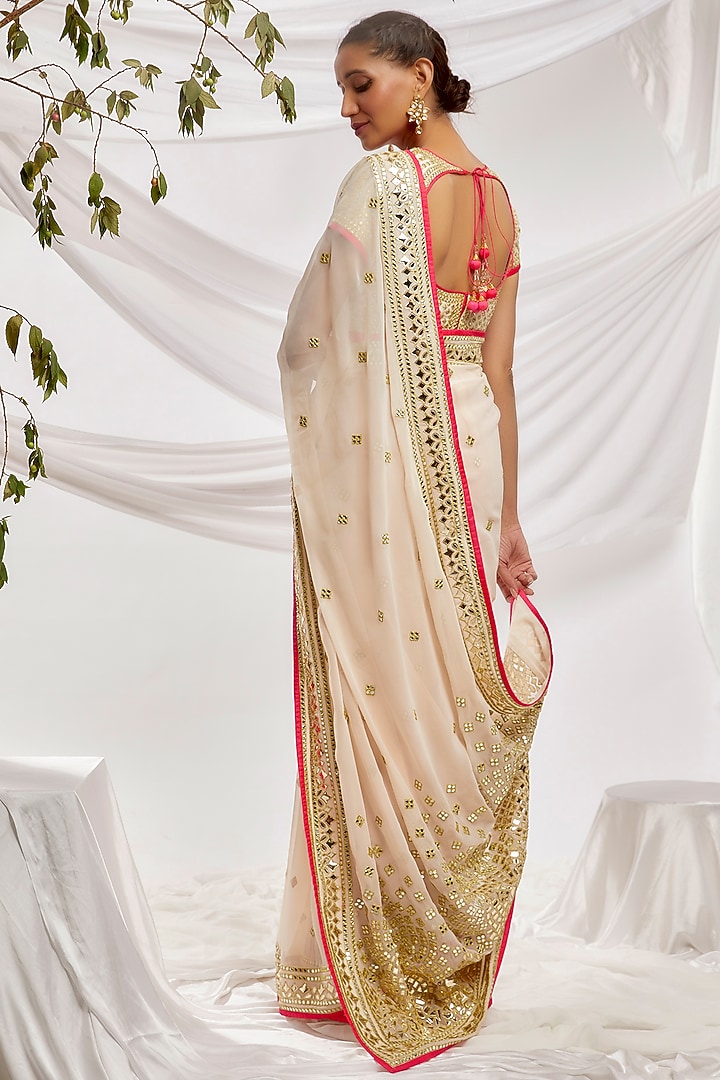 White Blended Georgette Embroidered Reception Saree Set by ASAL By Abu Sandeep at Pernia's Pop Up Shop