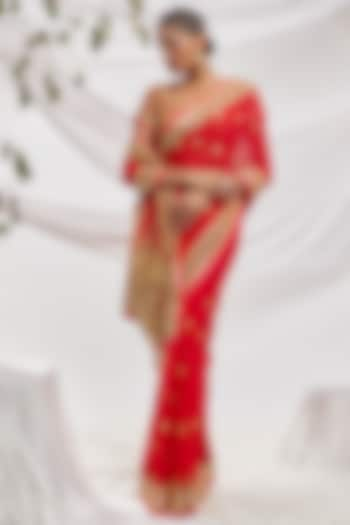 Red Blended Georgette Embroidered Saree Set by ASAL By Abu Sandeep at Pernia's Pop Up Shop