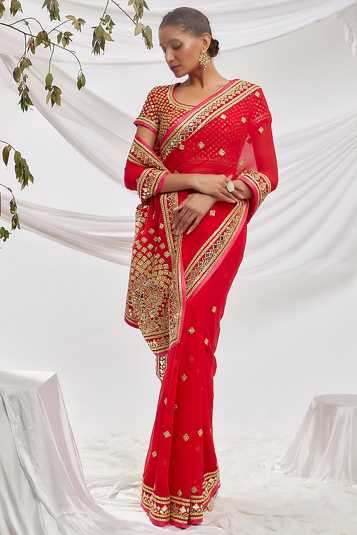 Red Blended Georgette Embroidered Saree Set by ASAL By Abu Sandeep at Pernia's Pop Up Shop