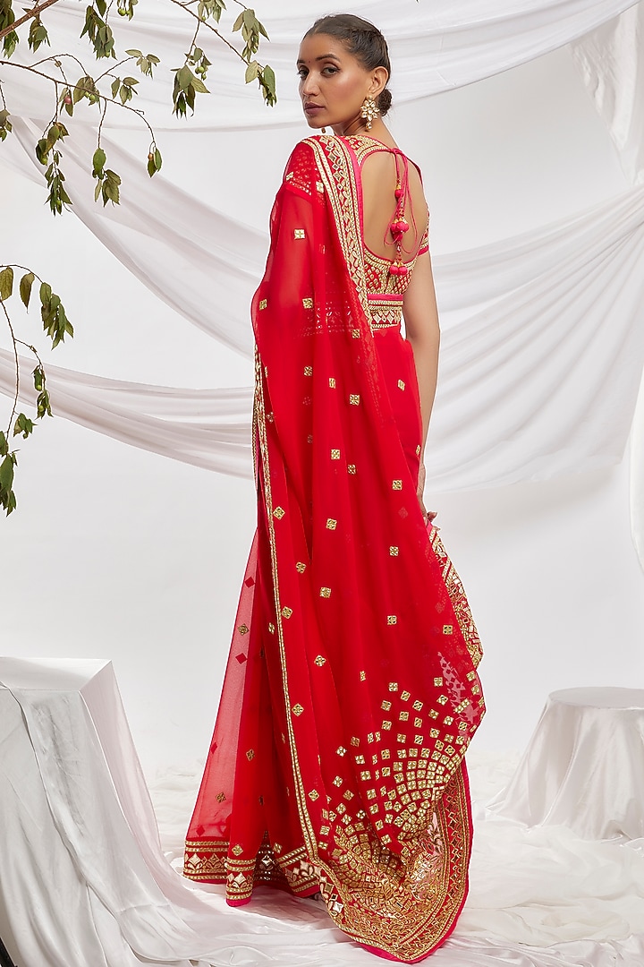 Red Blended Georgette Embroidered Reception Saree Set by ASAL By Abu Sandeep at Pernia's Pop Up Shop