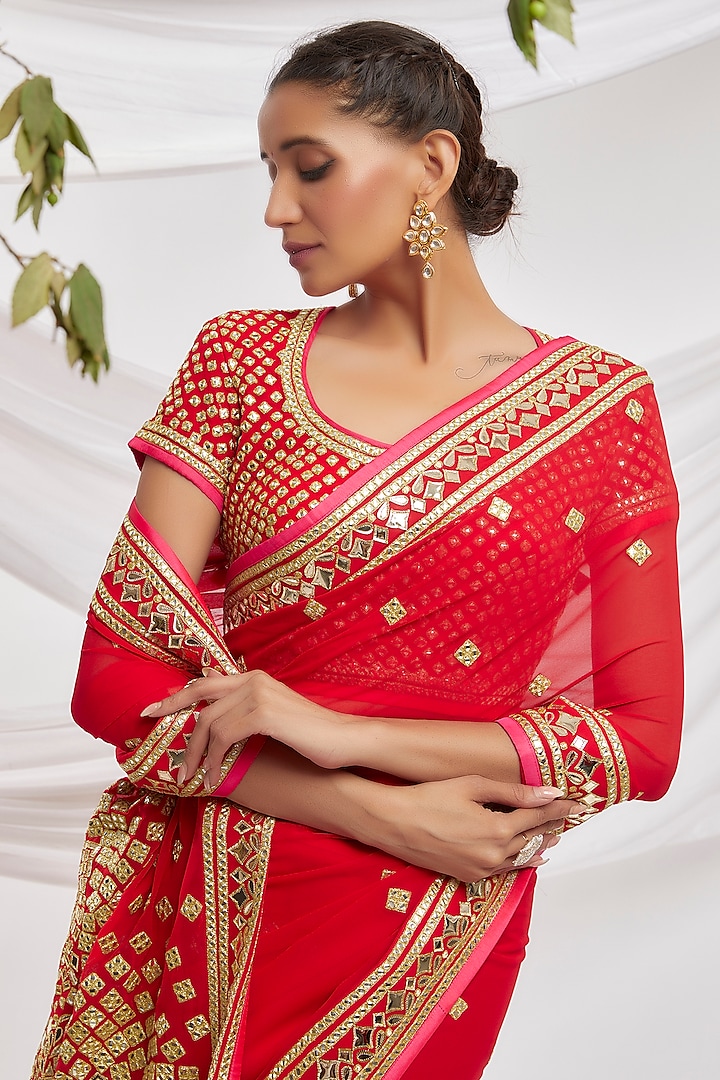 Red Blended Georgette Embroidered Reception Saree Set by ASAL By Abu Sandeep at Pernia's Pop Up Shop