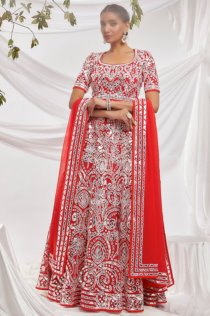 Red Blended Georgette Embroidered Lehenga Set by ASAL By Abu Sandeep