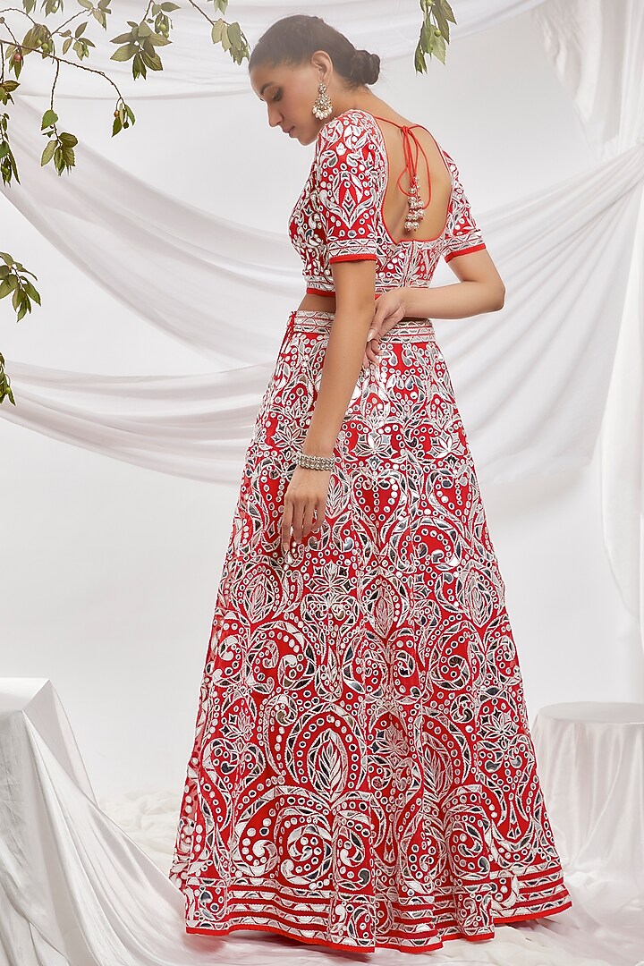 Red Blended Georgette Embroidered Bridal Lehenga Set by ASAL By Abu Sandeep at Pernia's Pop Up Shop