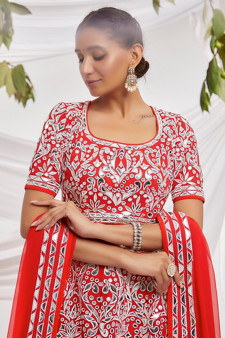 Red Blended Georgette Embroidered Bridal Lehenga Set by ASAL By Abu Sandeep at Pernia's Pop Up Shop