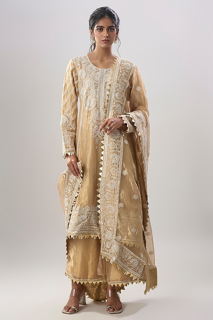 Beige Pure Tissue Embroidered Kurta Set by ASAL By Abu Sandeep at Pernia's Pop Up Shop
