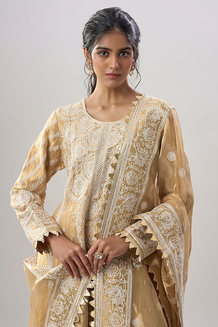 Beige Pure Tissue Embroidered Kurta Set by ASAL By Abu Sandeep at Pernia's Pop Up Shop