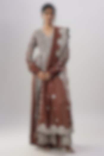 Dark Mocha Organza Embroidered Bridal Anarkali Set by ASAL By Abu Sandeep at Pernia's Pop Up Shop