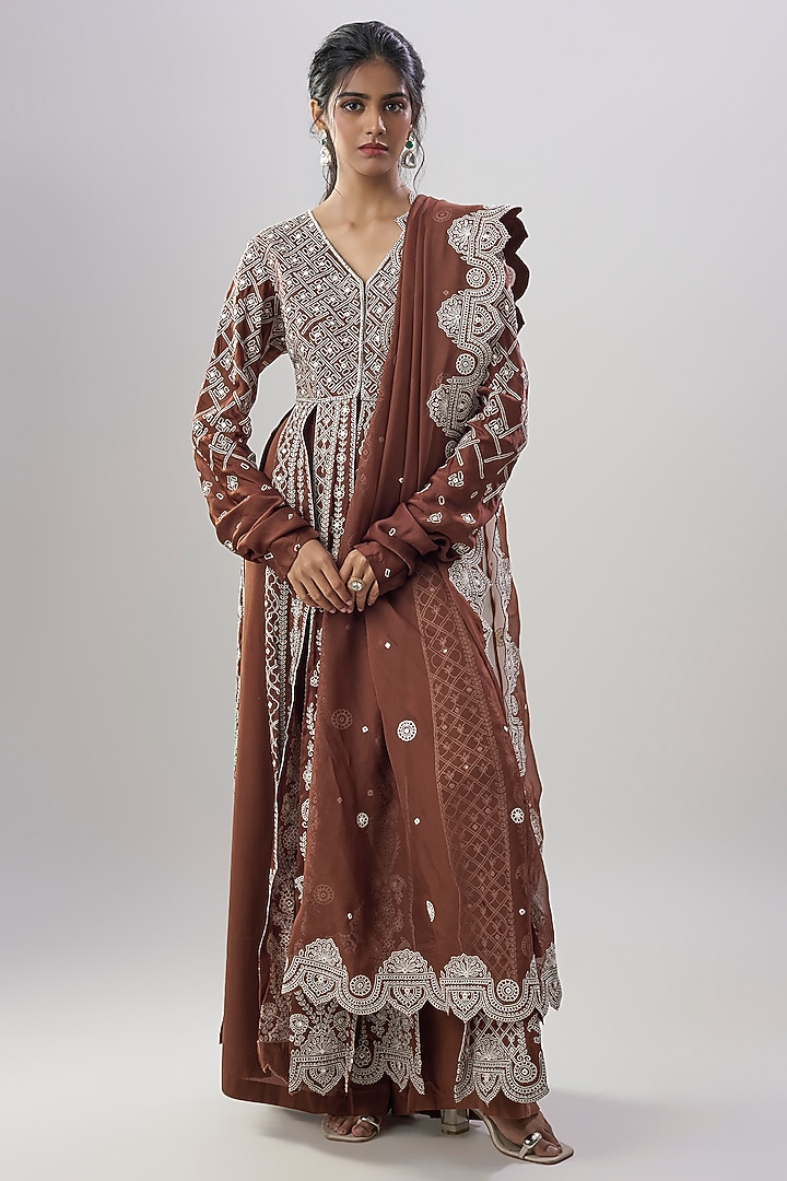 Dark Mocha Organza Embroidered Bridal Anarkali Set by ASAL By Abu Sandeep at Pernia's Pop Up Shop