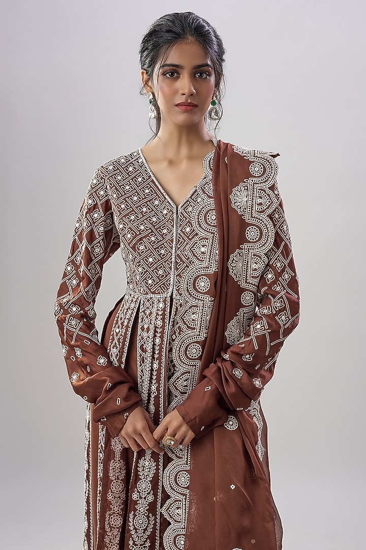 Dark Mocha Organza Embroidered Bridal Anarkali Set by ASAL By Abu Sandeep at Pernia's Pop Up Shop