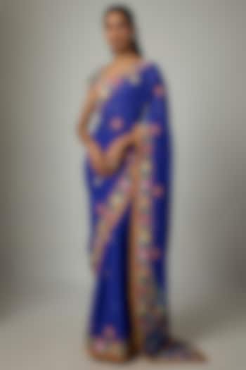 Royal Blue Georgette Resham Embroidered Bridal Saree Set by ASAL By Abu Sandeep at Pernia's Pop Up Shop