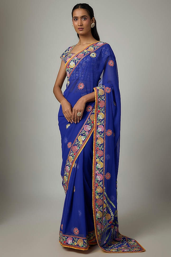 Royal Blue Georgette Resham Embroidered Bridal Saree Set by ASAL By Abu Sandeep at Pernia's Pop Up Shop