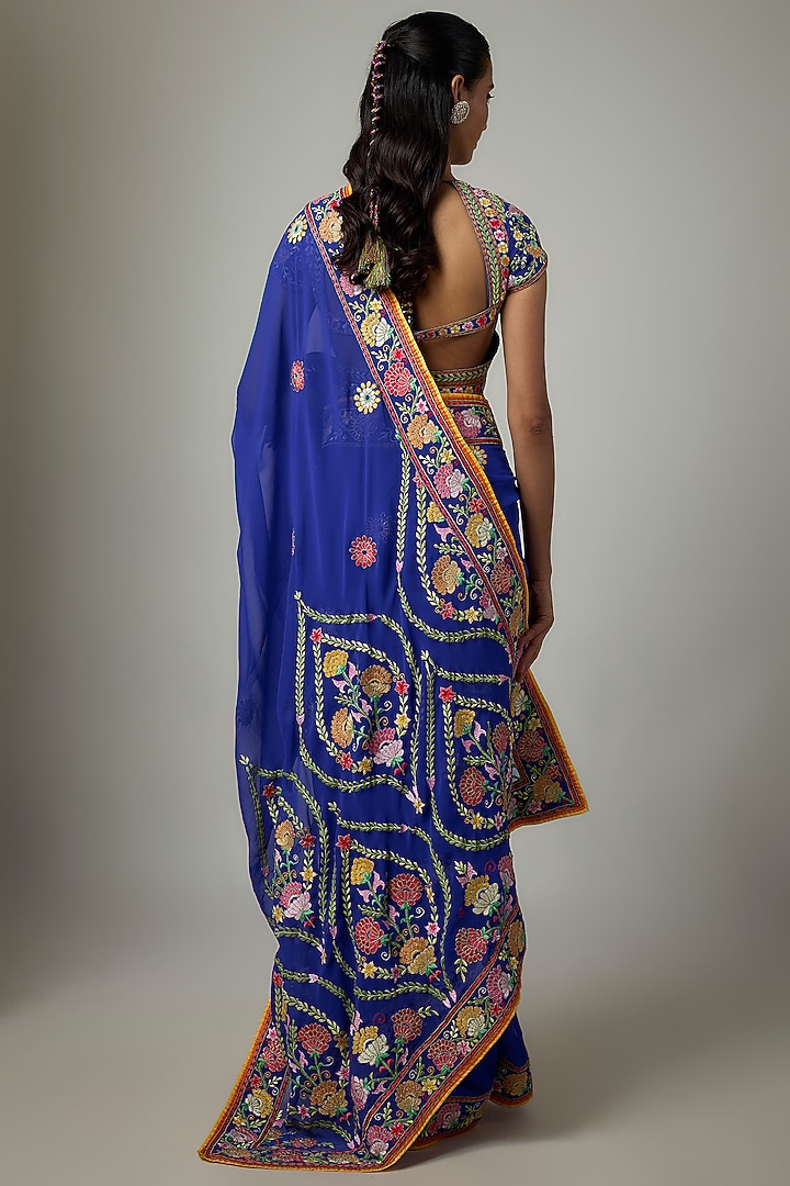 Royal Blue Georgette Resham Embroidered Bridal Saree Set by ASAL By Abu Sandeep at Pernia's Pop Up Shop