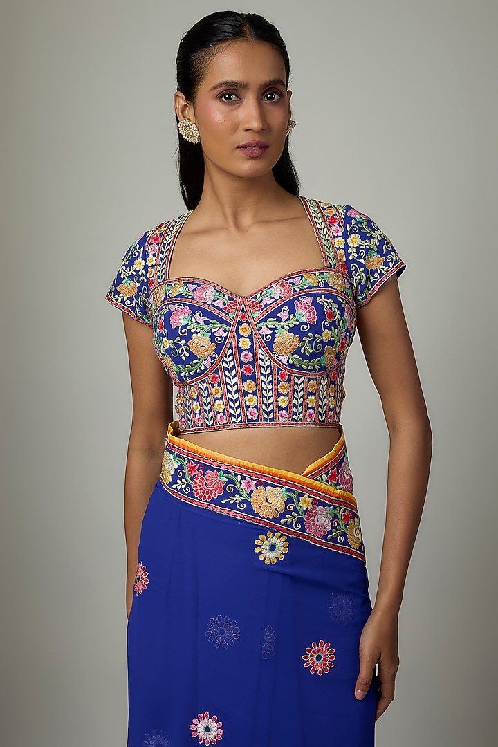 Royal Blue Georgette Resham Embroidered Bridal Saree Set by ASAL By Abu Sandeep at Pernia's Pop Up Shop