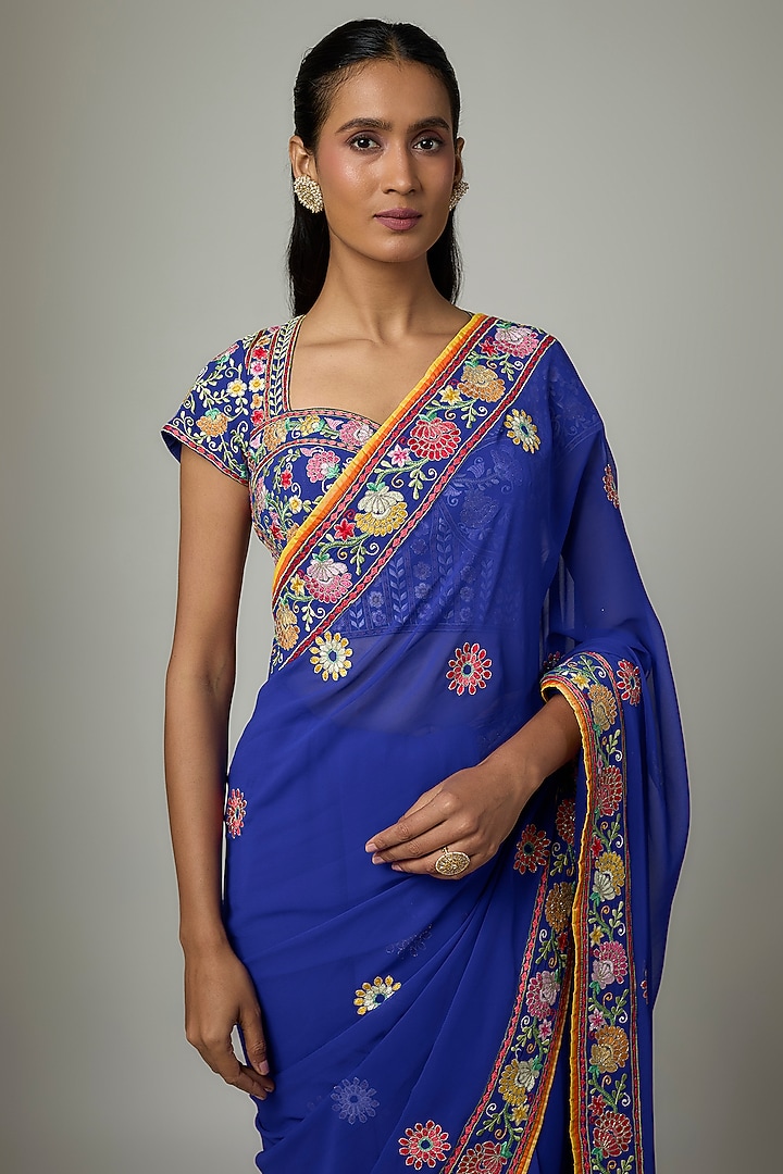 Royal Blue Georgette Resham Embroidered Bridal Saree Set by ASAL By Abu Sandeep at Pernia's Pop Up Shop