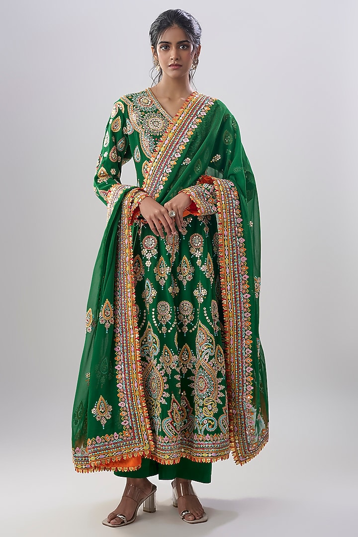 Green Blend Georgette Embroidered Bridal Anarkali Set by ASAL By Abu Sandeep at Pernia's Pop Up Shop